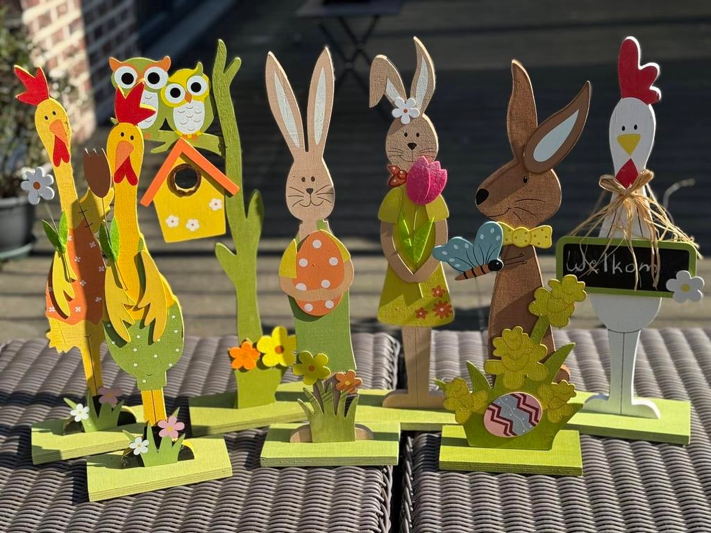 Grappige houten figuren. Paasdecoratie, lentedecoratie., Ophalen, Zo goed als nieuw
