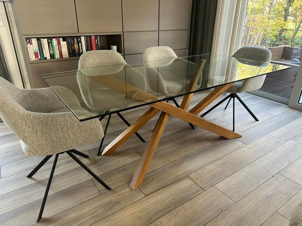 Table design Domitalia en bois / plateau en verre, 200x100, Ophalen, 50 tot 100 cm, 150 tot 200 cm, Rechthoekig