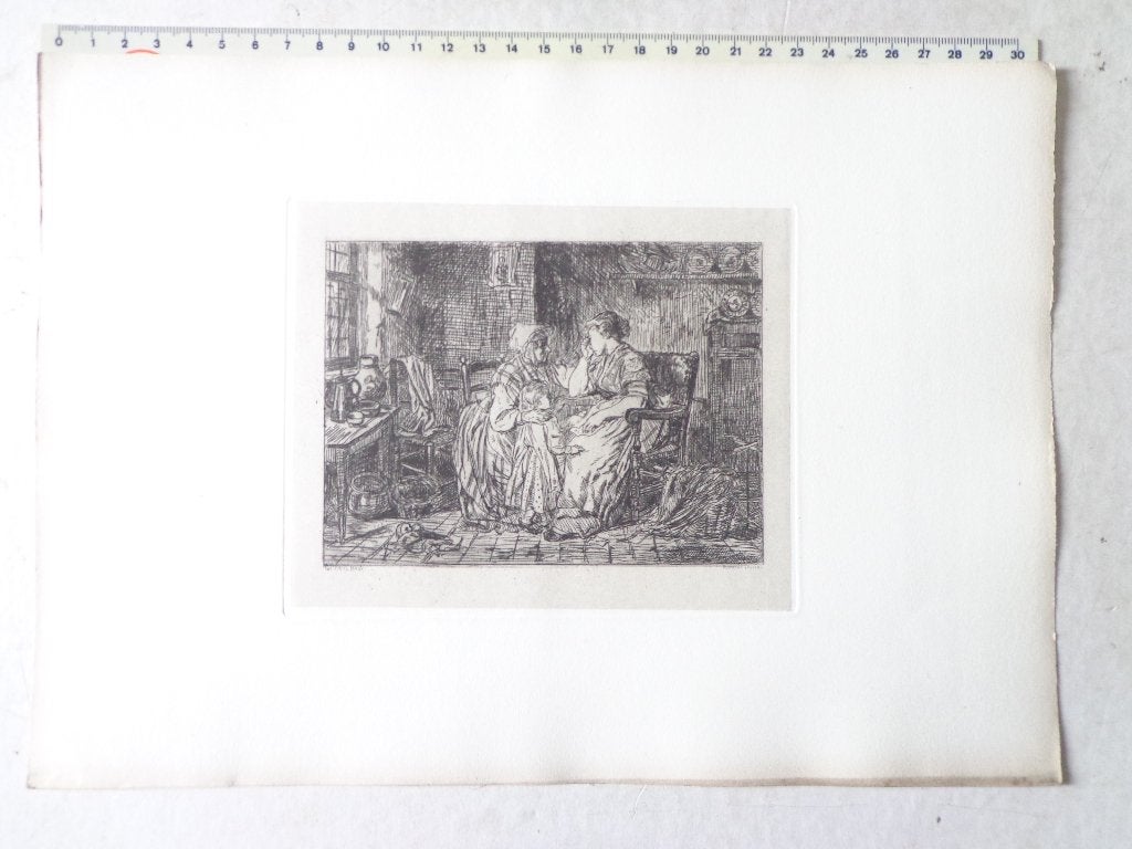 19de eeuwse ets van Albrecht Dillens Droevig nieuws uit 1873, Antiquités & Art, Art | Eaux-fortes & Gravures, Eau-forte, Signé