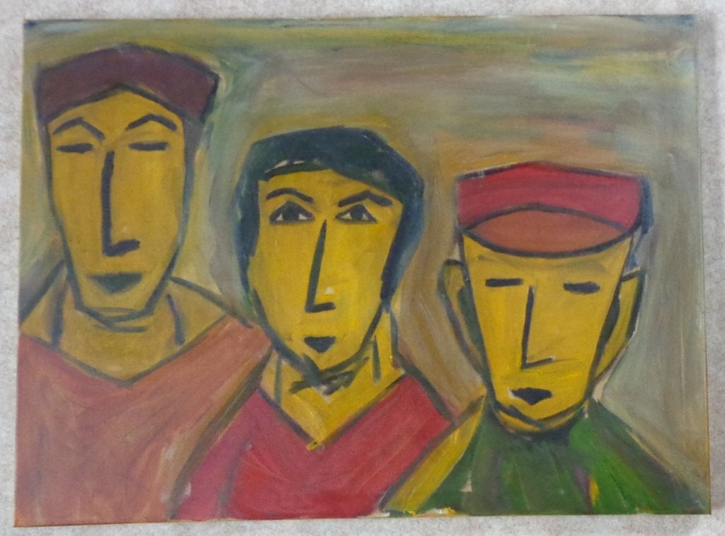 JAN / DRIE FIGUREN / OLIEVERF DOEK / 60x80cm / CHASSIS / SIG, Antiquités & Art, Peinture à l'huile, Figures, Autres matériaux