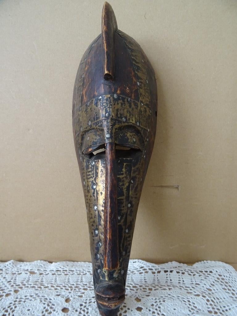 Houten masker Asmat Papoea Nieuw Guinea 33cm met koperbeslag, Antiek en Kunst, Ophalen of Verzenden
