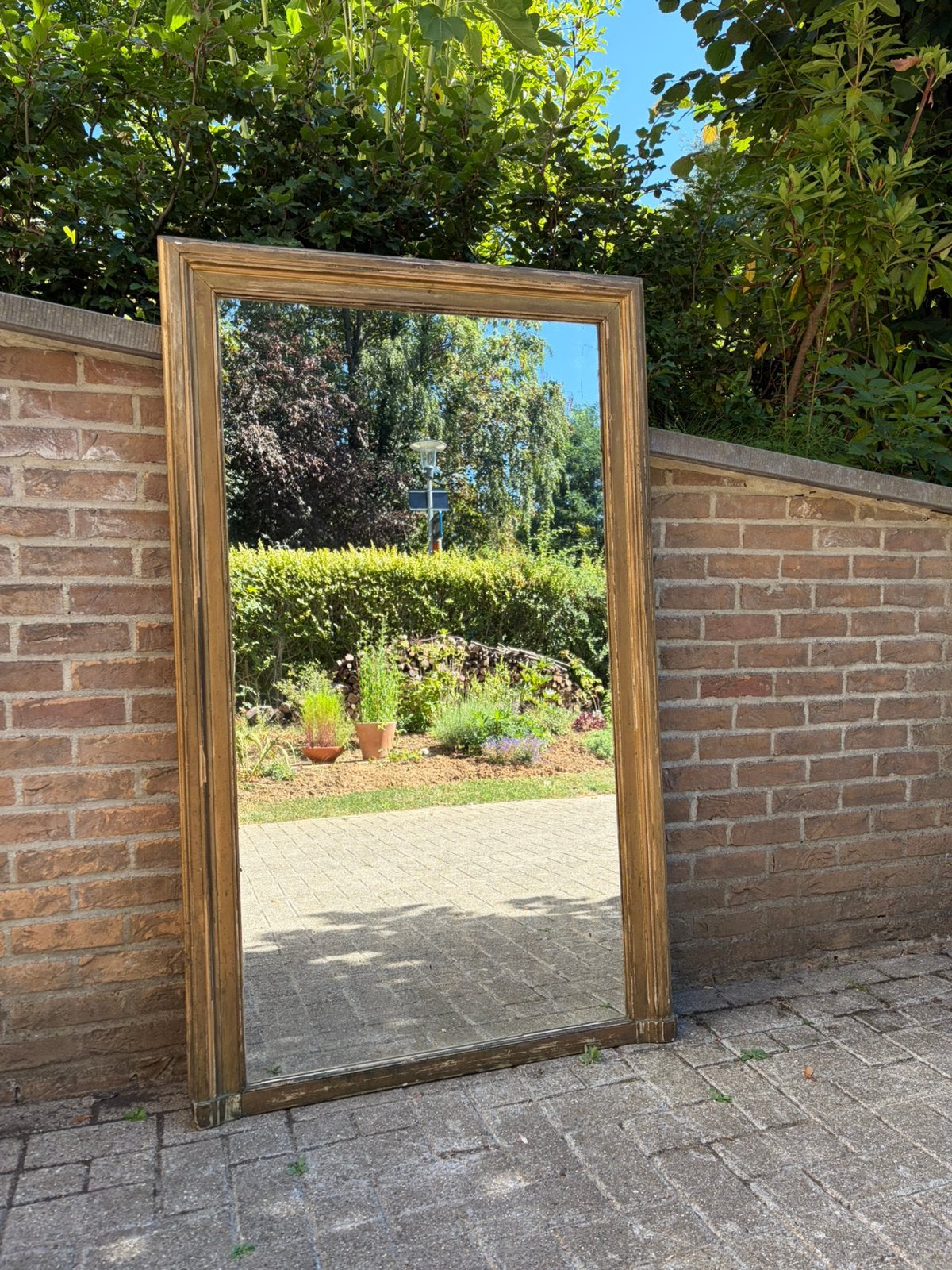 Antieke spiegel - gouden lijst, Antiek en Kunst, Ophalen, Rechthoekig, 50 tot 100 cm, 150 tot 200 cm