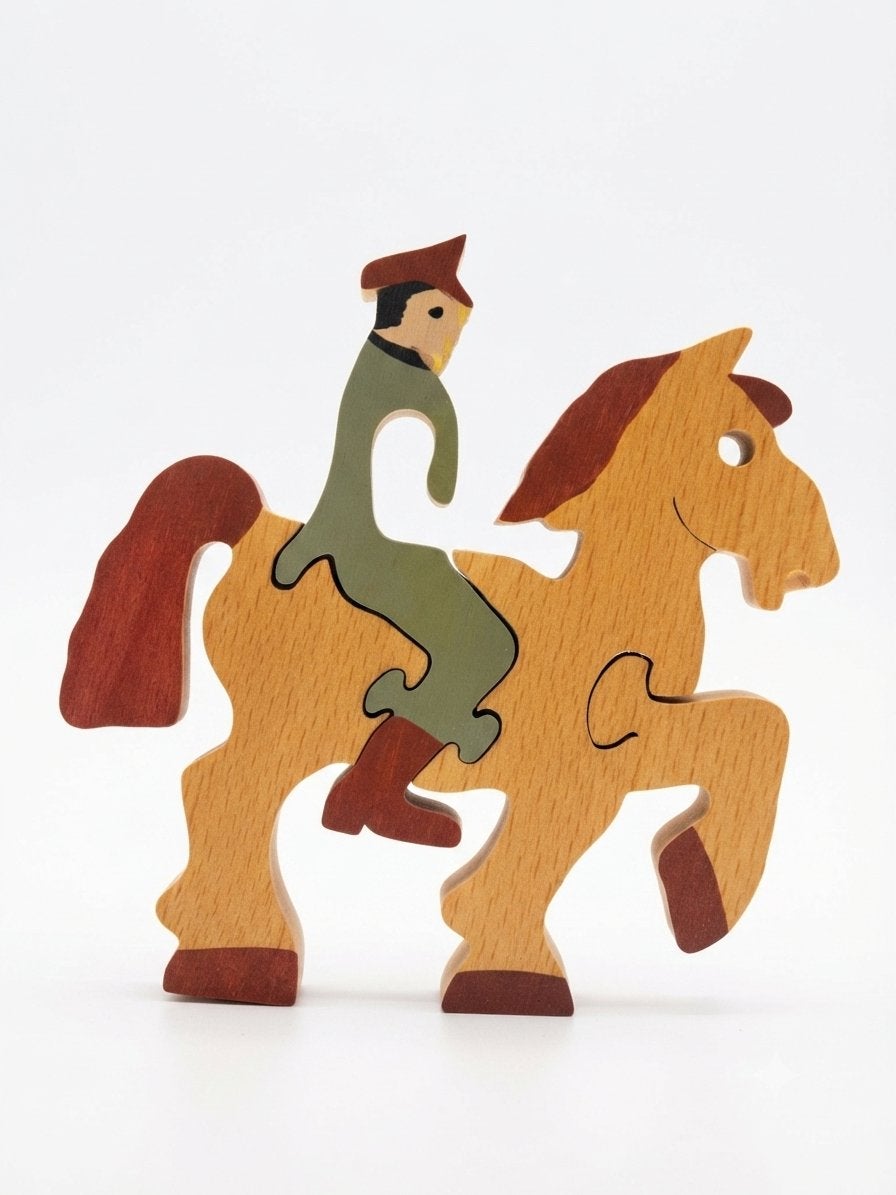 Handgemaakte houten puzzel / beeldje 'Paard met Ruiter', Ophalen