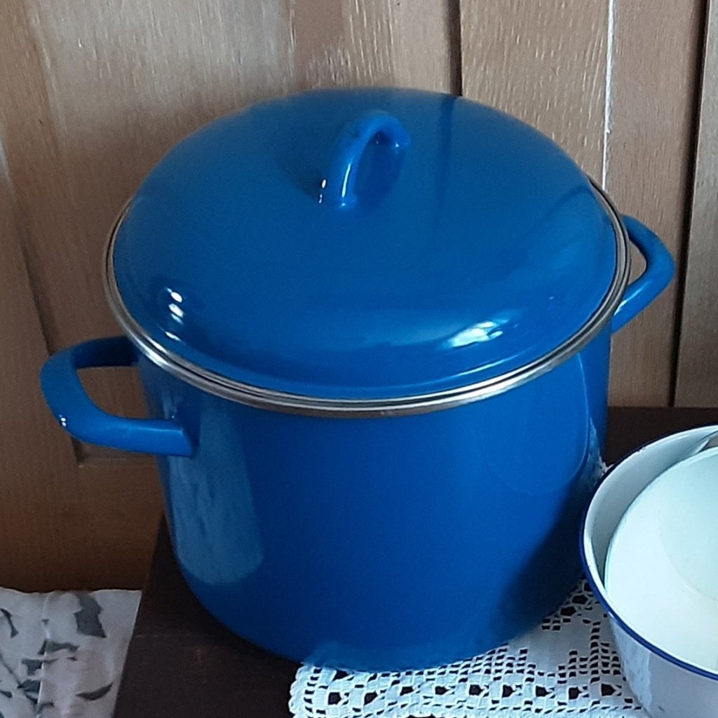 Grote geëmailleerde kookpot D25cm, + GRATIS kan en 2 kommen, Pot, Bus of Blik, Ophalen of Verzenden, Zo goed als nieuw, Met deksel