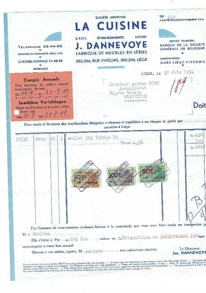 Ancienne facture 1954, Envoi, Utilisé
