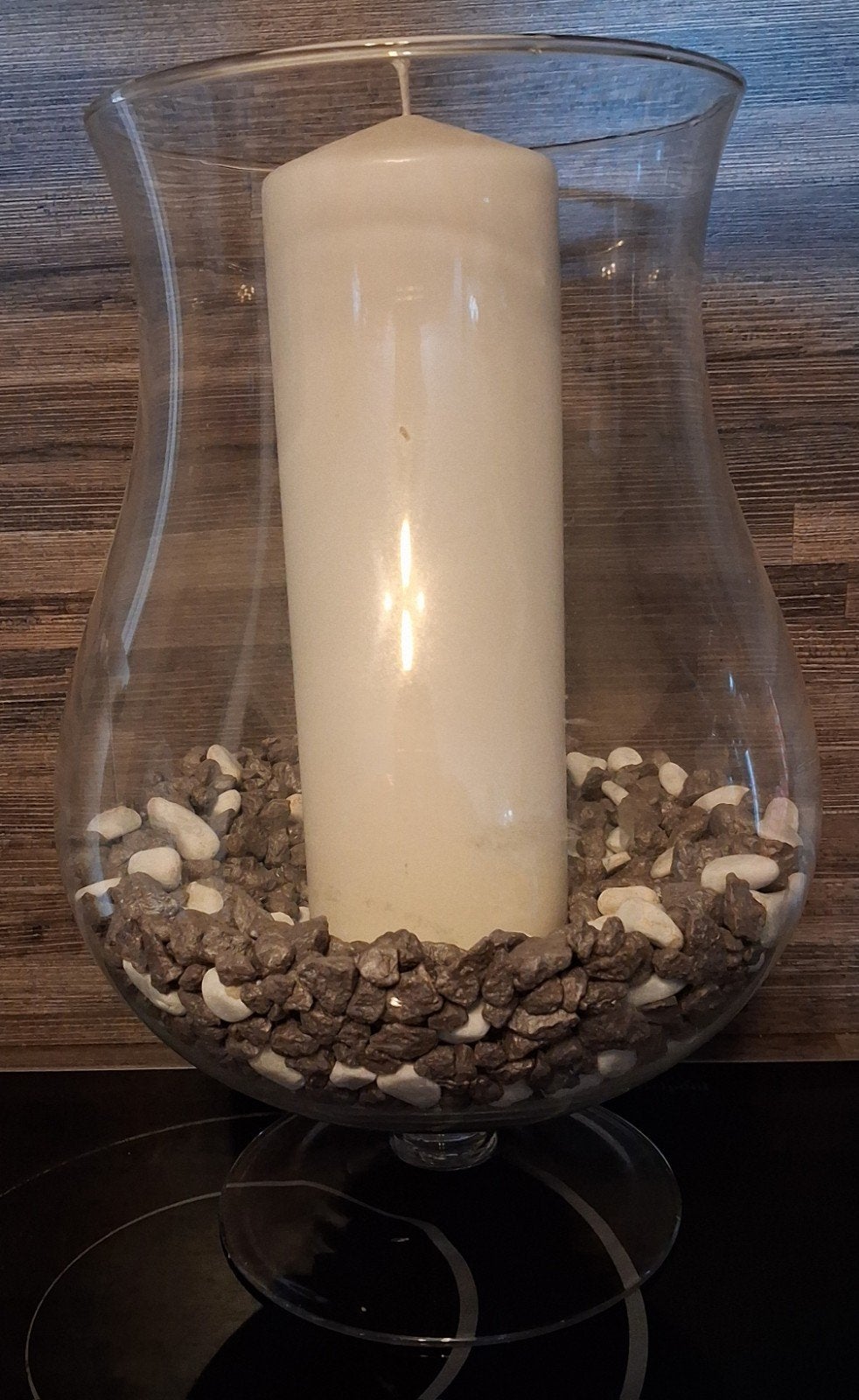 Glazen windlicht met kaars en steentjes, Huis en Inrichting, Ophalen