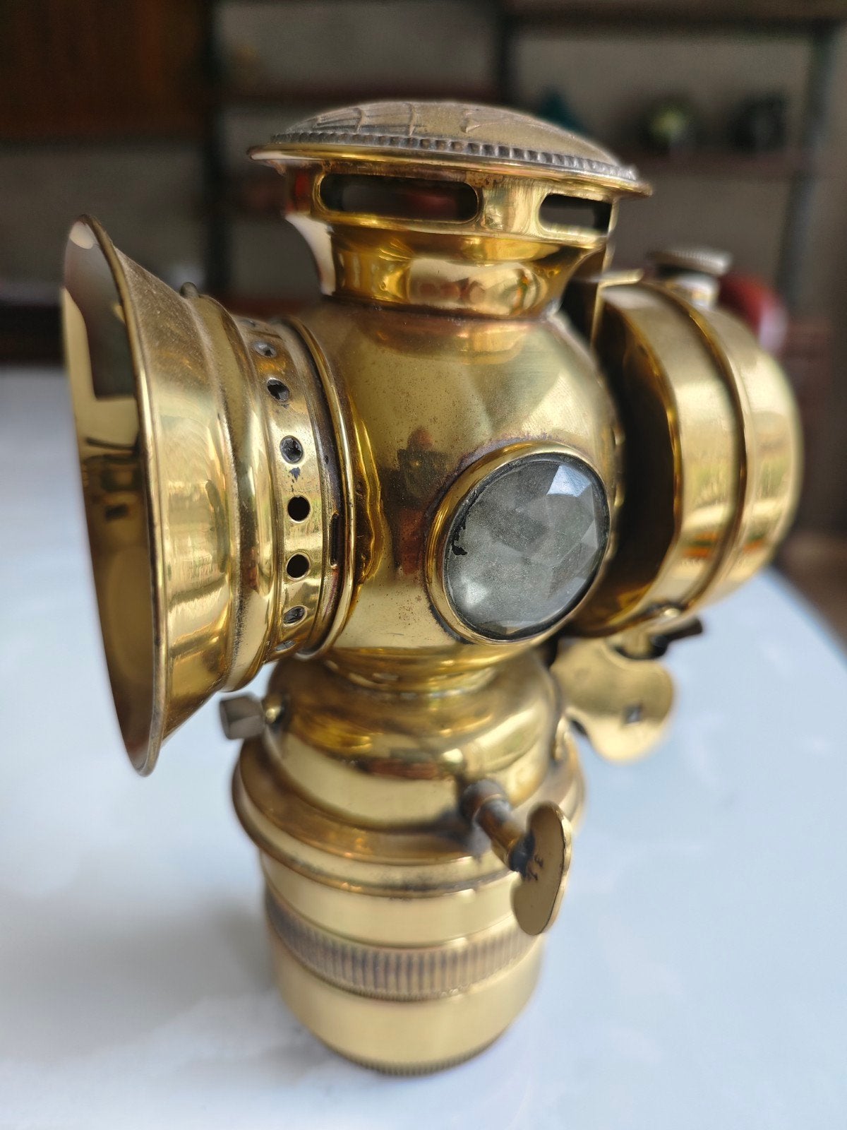 Lampe ancienne en carbure de laiton « BELGICA » (W&B Brussel, Enlèvement ou Envoi