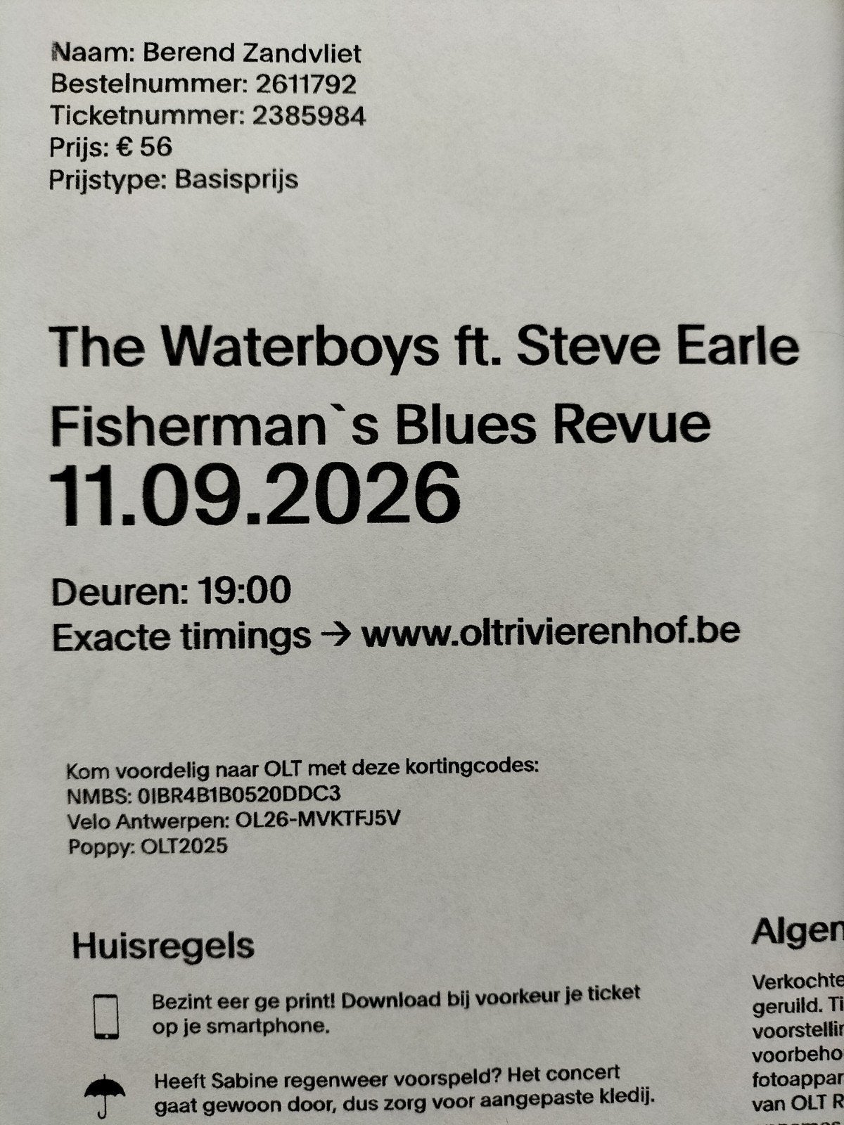 ticket the Waterboys , Rivierenhof Antwerpen, Tickets en Kaartjes, Concerten | Dance, Eén persoon, September
