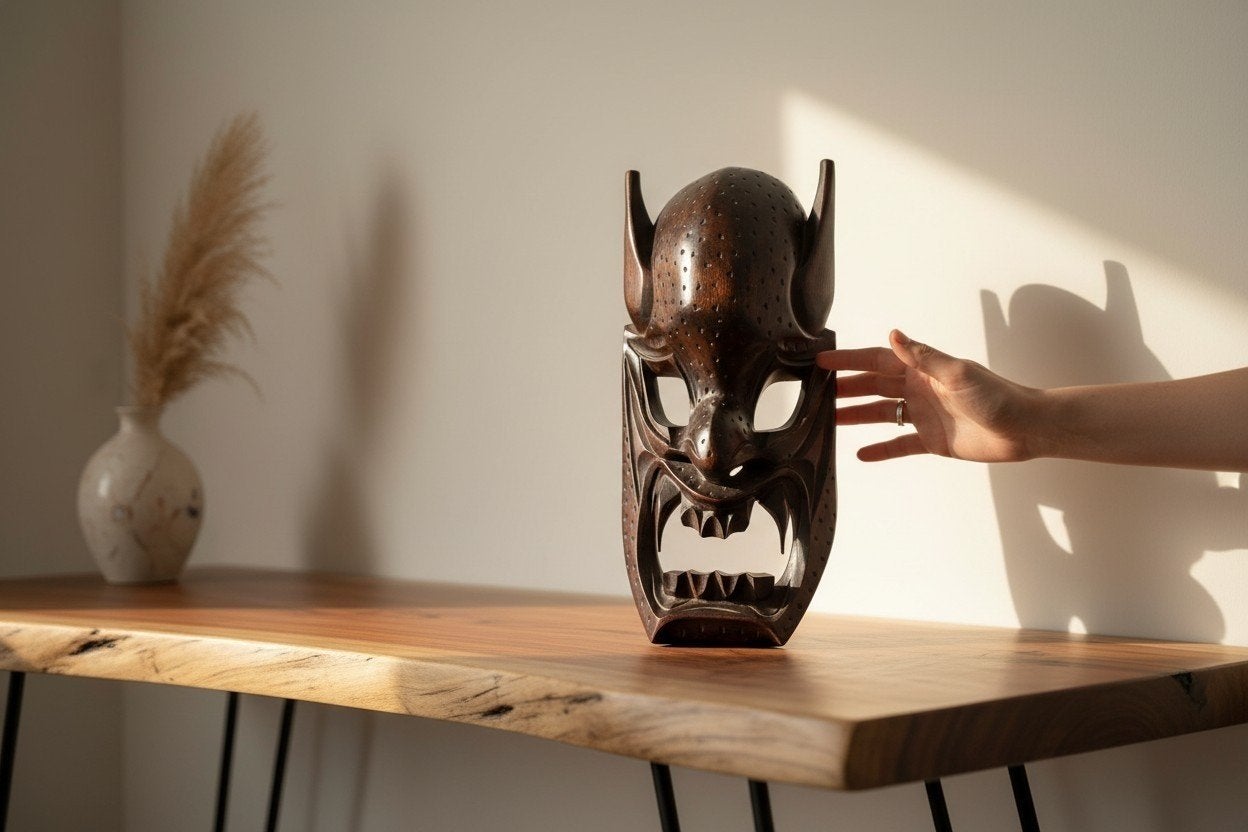 Un impressionnant masque en bois sculpté à la main inspiré, Enlèvement ou Envoi