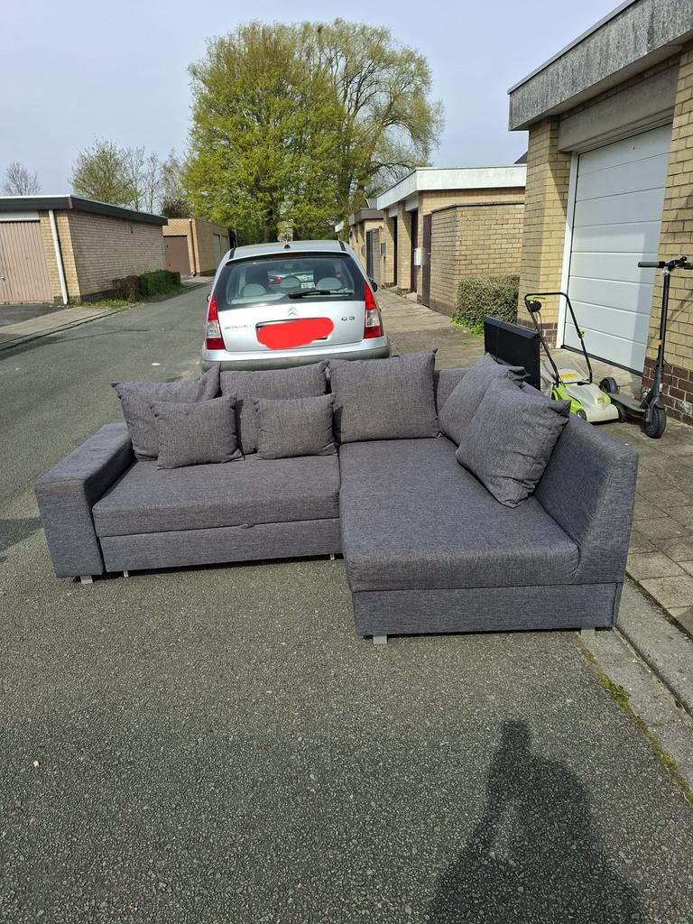 Hoekzetel met uitschuifbaar slaapbank + poef, Ophalen, Gebruikt, Hoekbank, 200 tot 250 cm