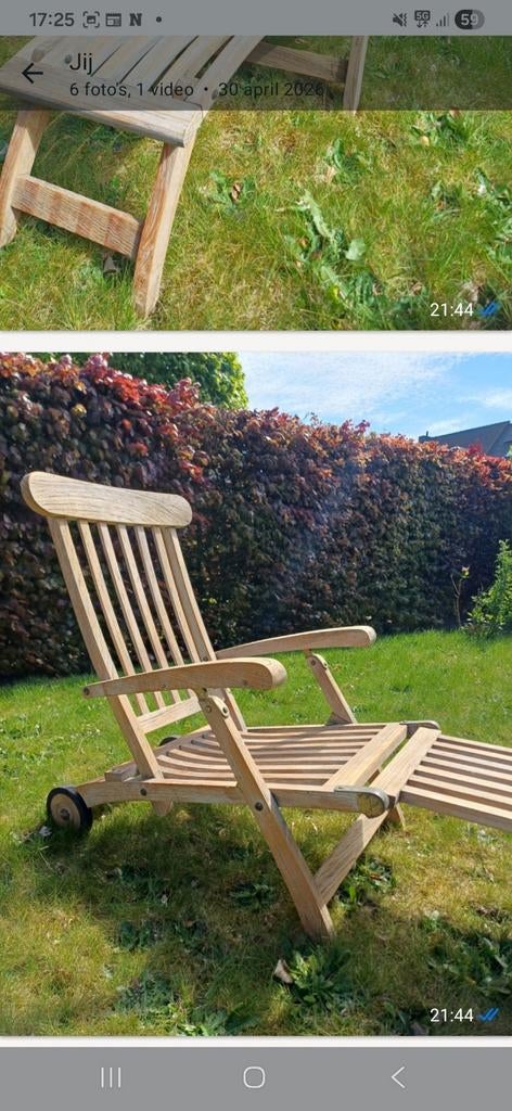 Teak ligstoel met wielen en bijhorende kussens., Tuin en Terras, Ophalen