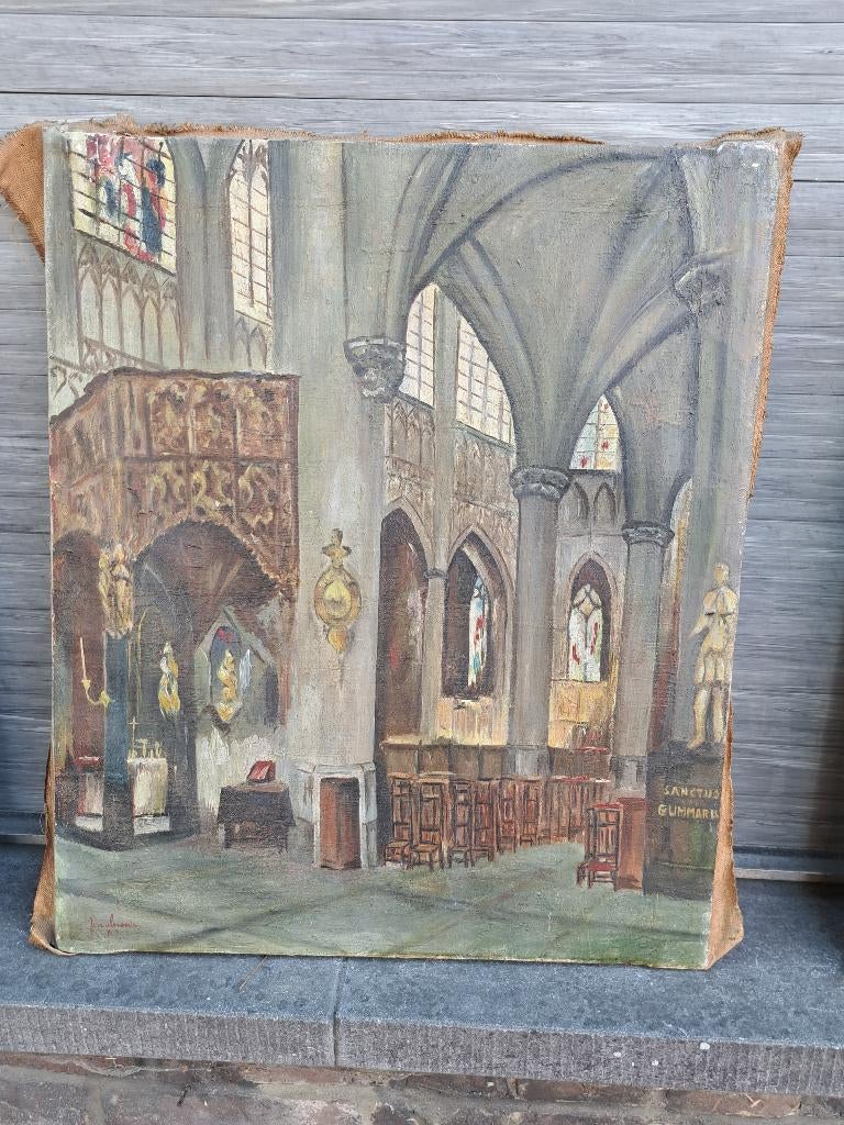 Huile sur toile interieur d eglise signe jean lecomte, Antiquités & Art, Art | Peinture | Classique, Enlèvement ou Envoi