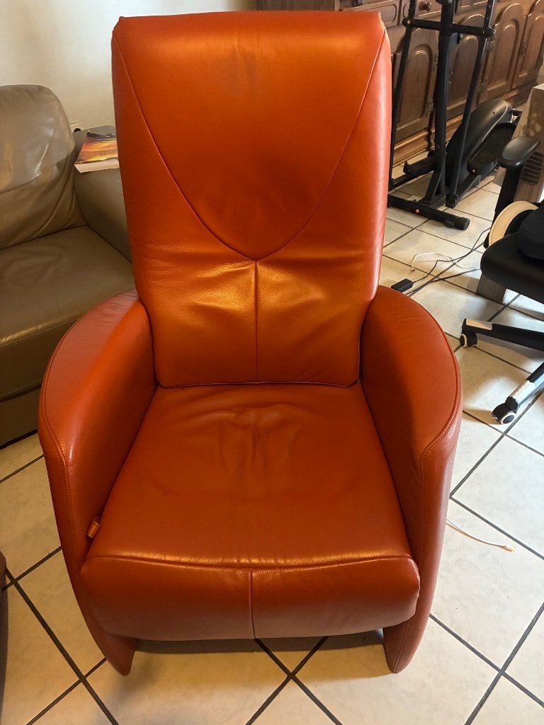2 Vintage lederen fauteuils in cognac/terracotta kleur –, Huis en Inrichting, Ophalen, Gebruikt, Leer, Vintage