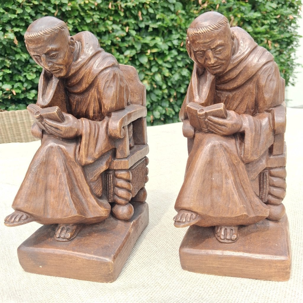 Ensemble de serre-livres en bois et laiton, Ed. Anthéunis, Marqué, Statue, Bois, Enlèvement ou Envoi