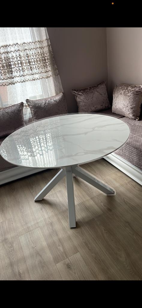 Table en verre effet marbre, 100 à 150 cm, Enlèvement ou Envoi, Rond, Comme neuf