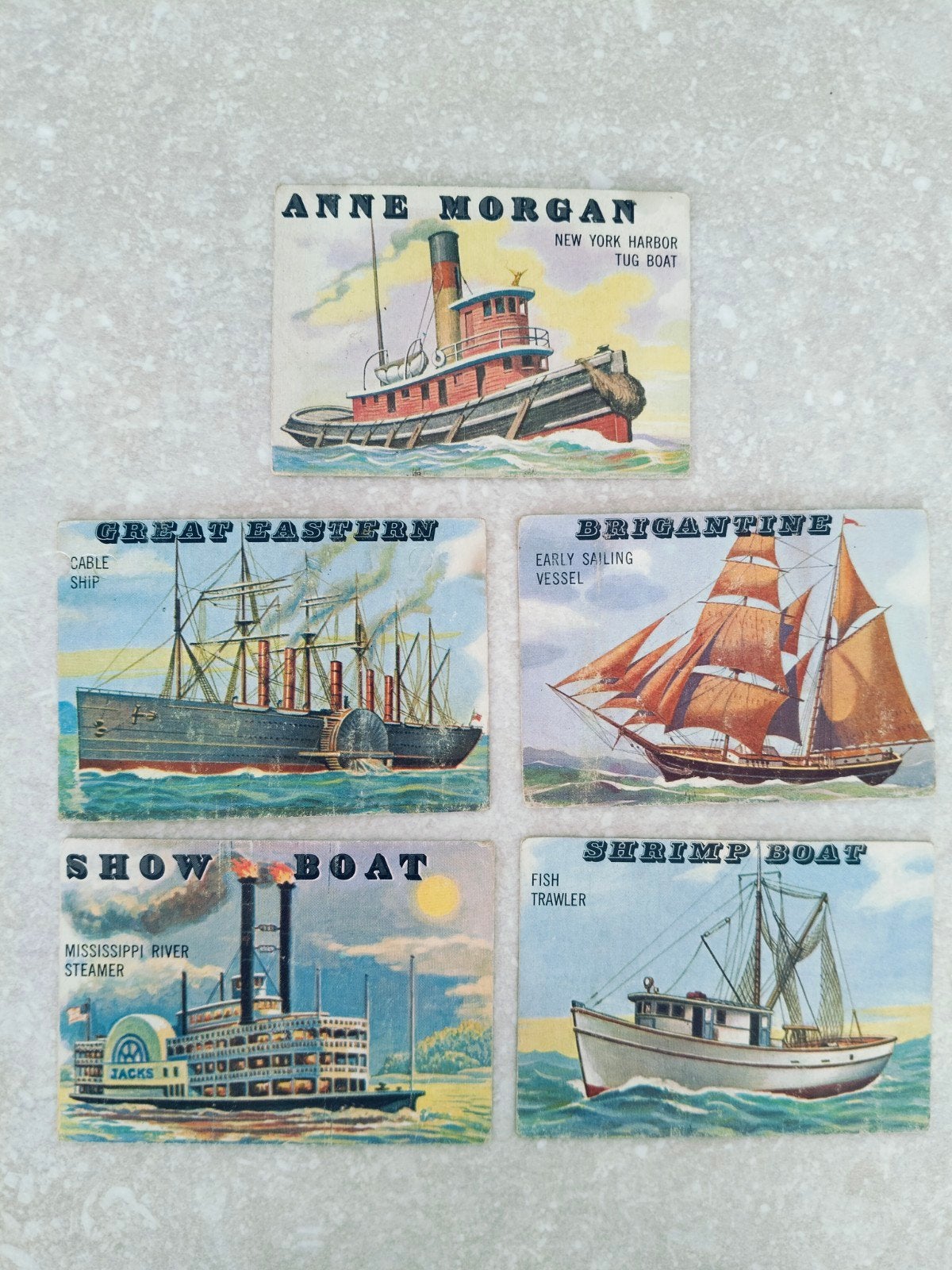 5 oude Verzamelkaarten boten topps rails en Sails uit 1955, Verzamelen, Scheepvaart, Ophalen of Verzenden
