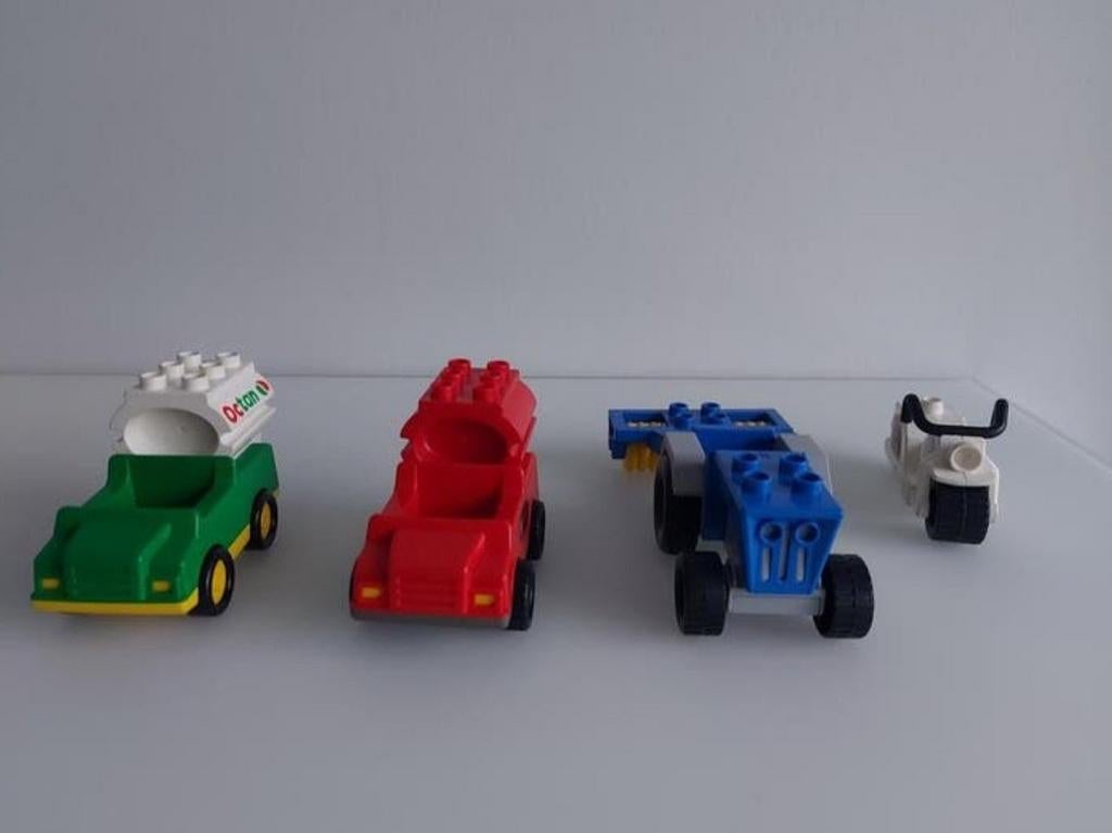 4 voertuigen duplo (tractor, motor, brandweerauto, tankwagen, Ophalen of Verzenden, Gebruikt, Duplo