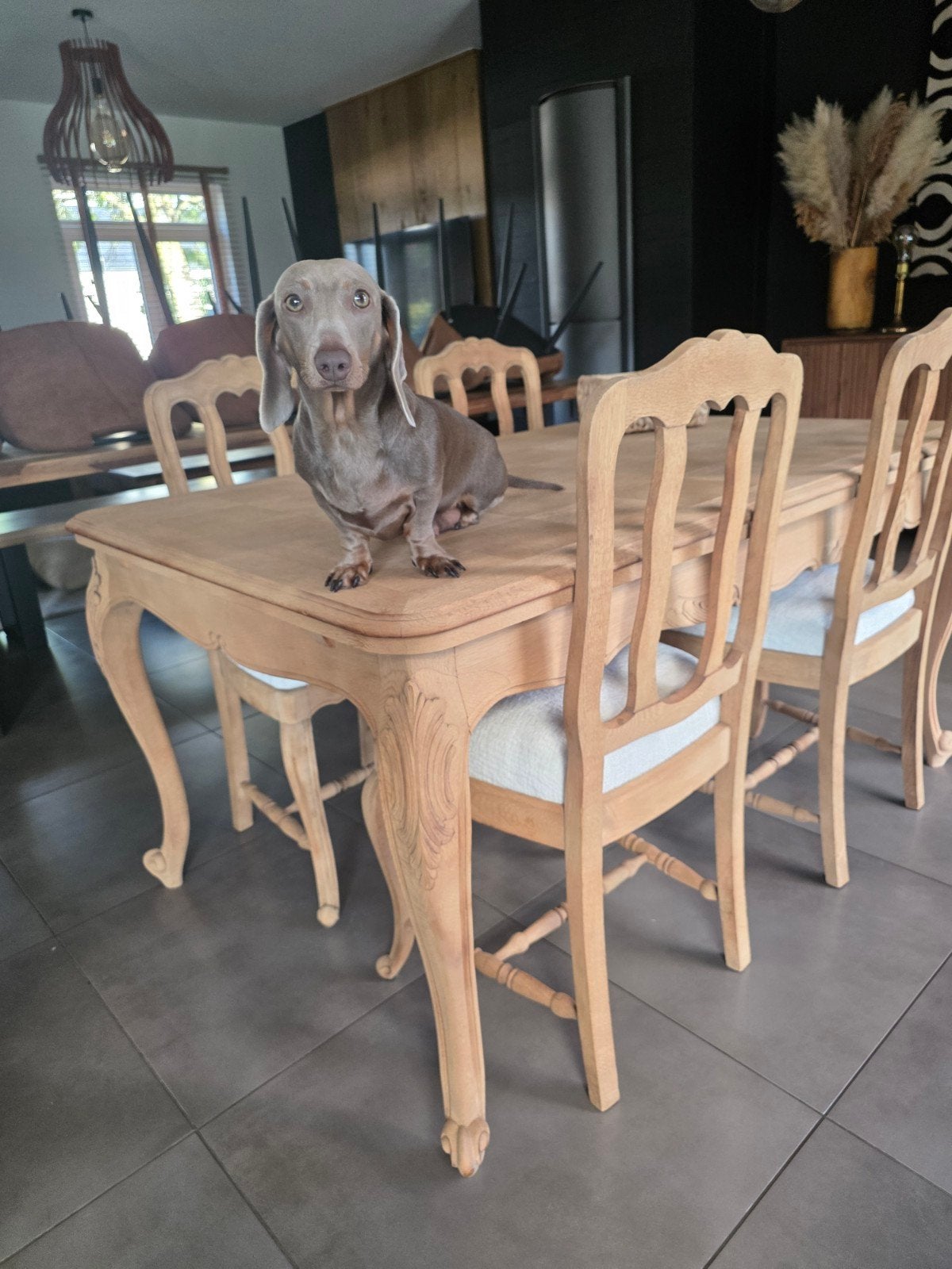 Table de salle à manger en chêne aérogommée + 4 chaises asso, Maison & Meubles, Enlèvement