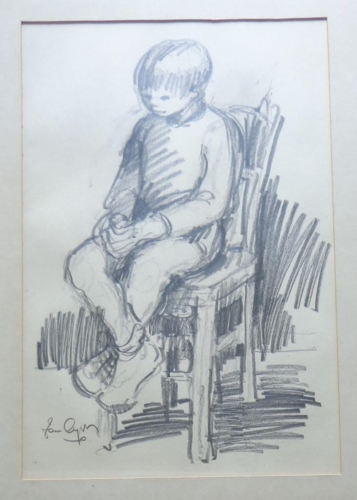 FREDDY VAN DYCK / ZITTENDE KNAAP / ORIGINEEL / 52x37cm KADER, Antiek en Kunst, Ophalen of Verzenden