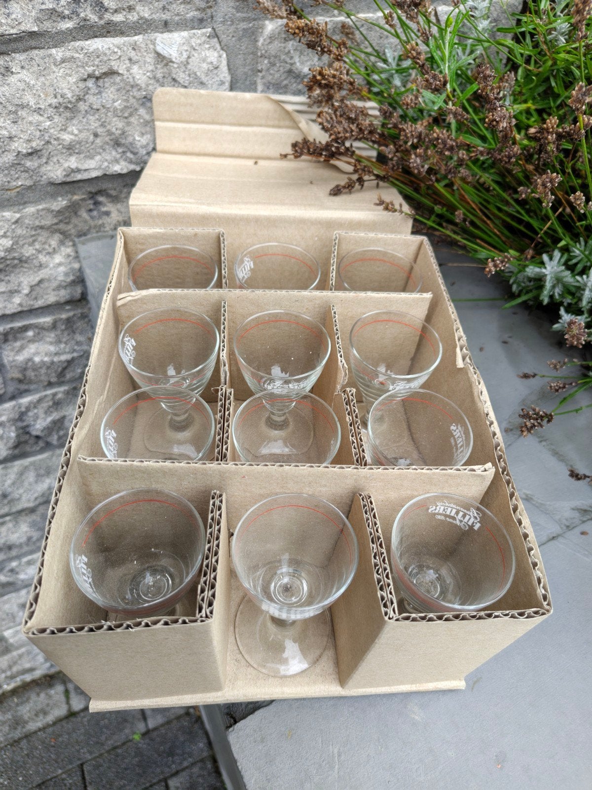 doos met 12 jenever glaasjes  " Filiers ", Antiek en Kunst, Ophalen of Verzenden