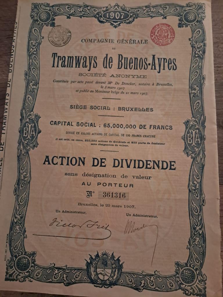 Action de la compagnie générale tramways de Buenos ayres, Enlèvement ou Envoi, Avant 1920, Action