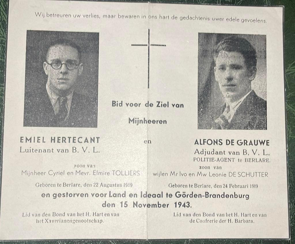 BP oorlog Emiel Hertecant en Alfons De Grauwe, Verzamelen, Bidprentjes en Rouwkaarten, Ophalen of Verzenden