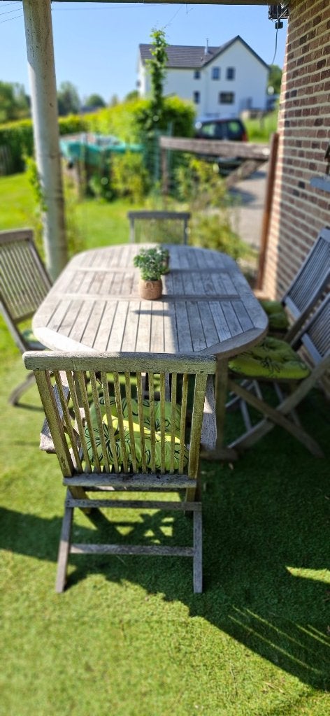 Ensemble de jardin en teck massif avec coussins, Ophalen, 5 zitplaatsen, Gebruikt, Teakhout