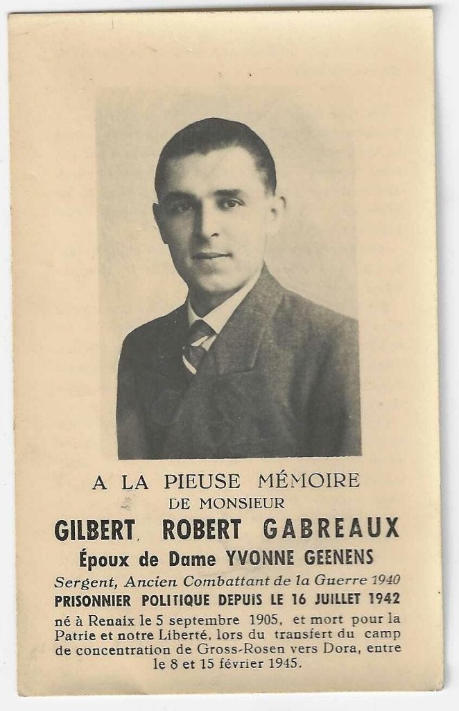 prisonnier politique de la 2GM, Gilbert Gabreaux, Enlèvement ou Envoi, Image pieuse