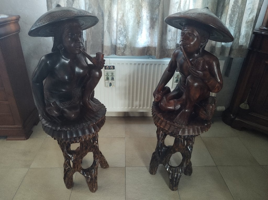 Groot paar Igorot-beelden uit de Filipijnen – acaciahout, Antiek en Kunst, Ophalen, Groep mensen, 50 - 100 cm, Beeld