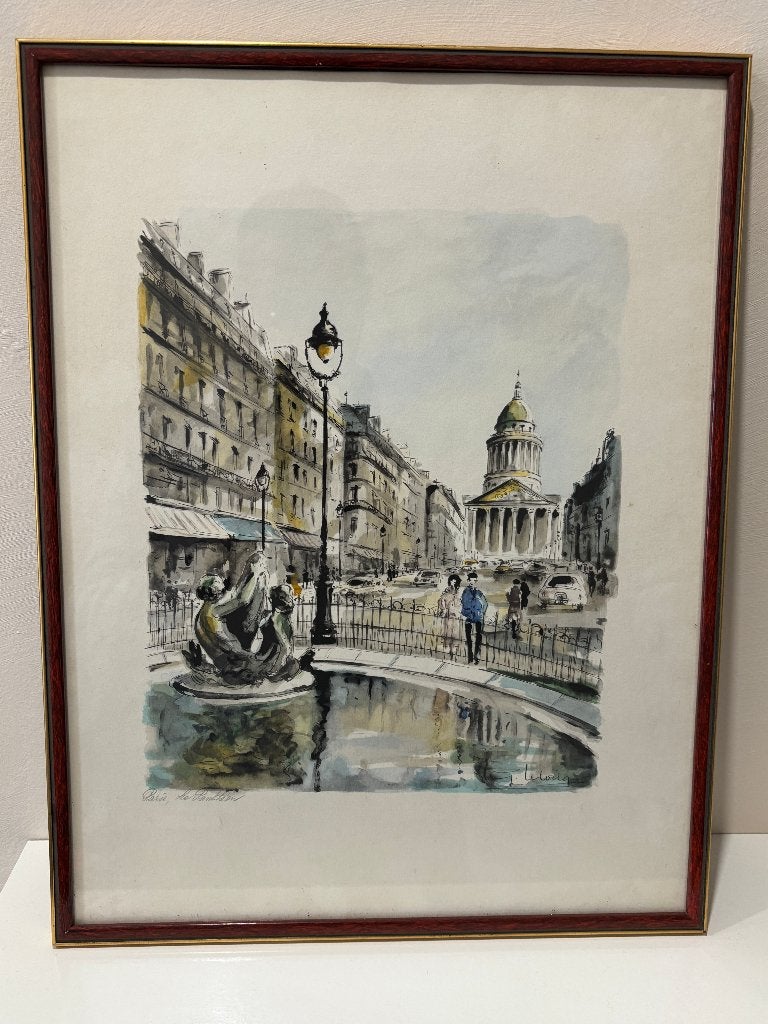 Ingelijste aquarel Parijs Pantheon gesigneerd, Ophalen of Verzenden, Vintage, Gesigneerd, Aquarel