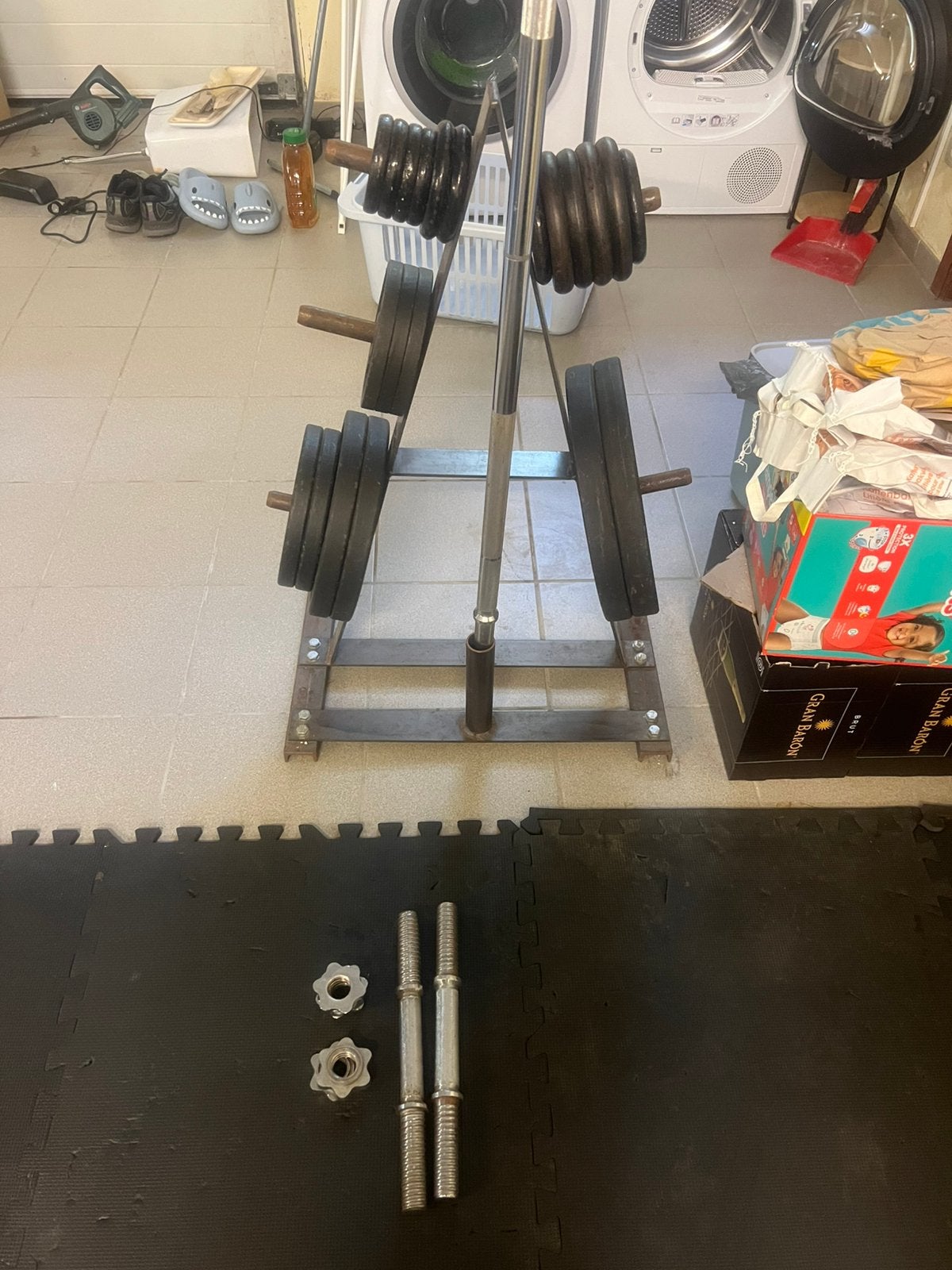 Fitness Set: Halterrek +Barbell +Dumbbells +Domyos Gewichten, Ophalen, Zo goed als nieuw, Halterschijven