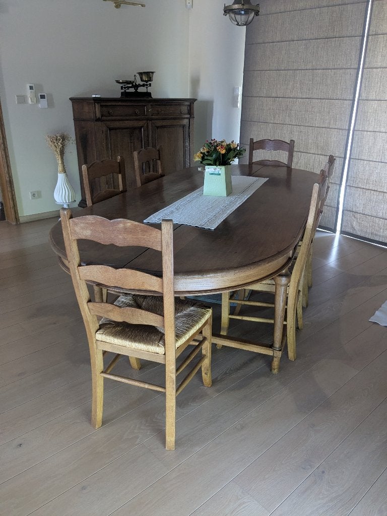 Table et 6 chaises en chêne, Maison & Meubles, 100 à 150 cm, Enlèvement, Utilisé, Chêne