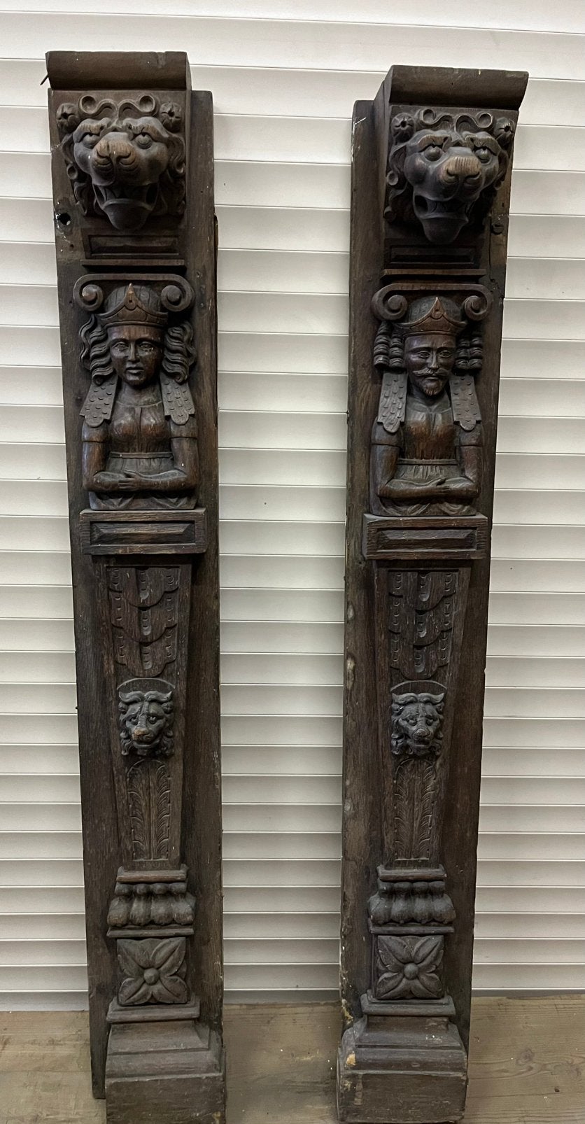 Paire de pilastres anciens en chêne massif - sculptures, Enlèvement ou Envoi, Bois, Sculpture sur bois, Homme
