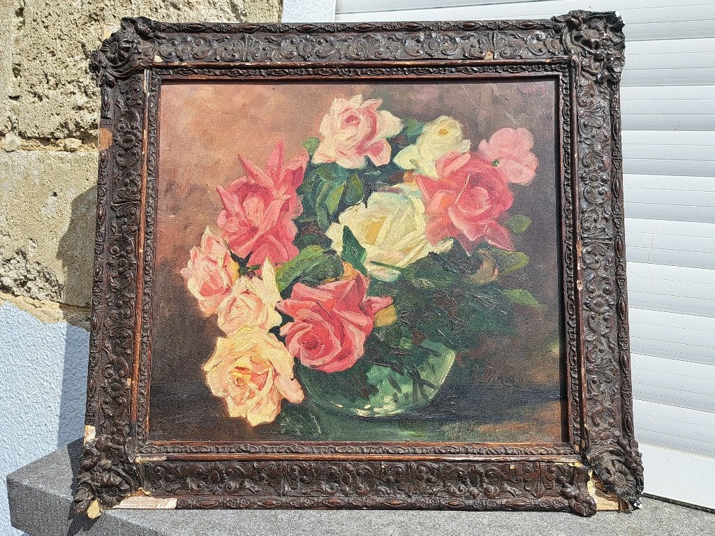 huile sur panneau fleurs signe baron, Ophalen of Verzenden, Bloemen, Paneel