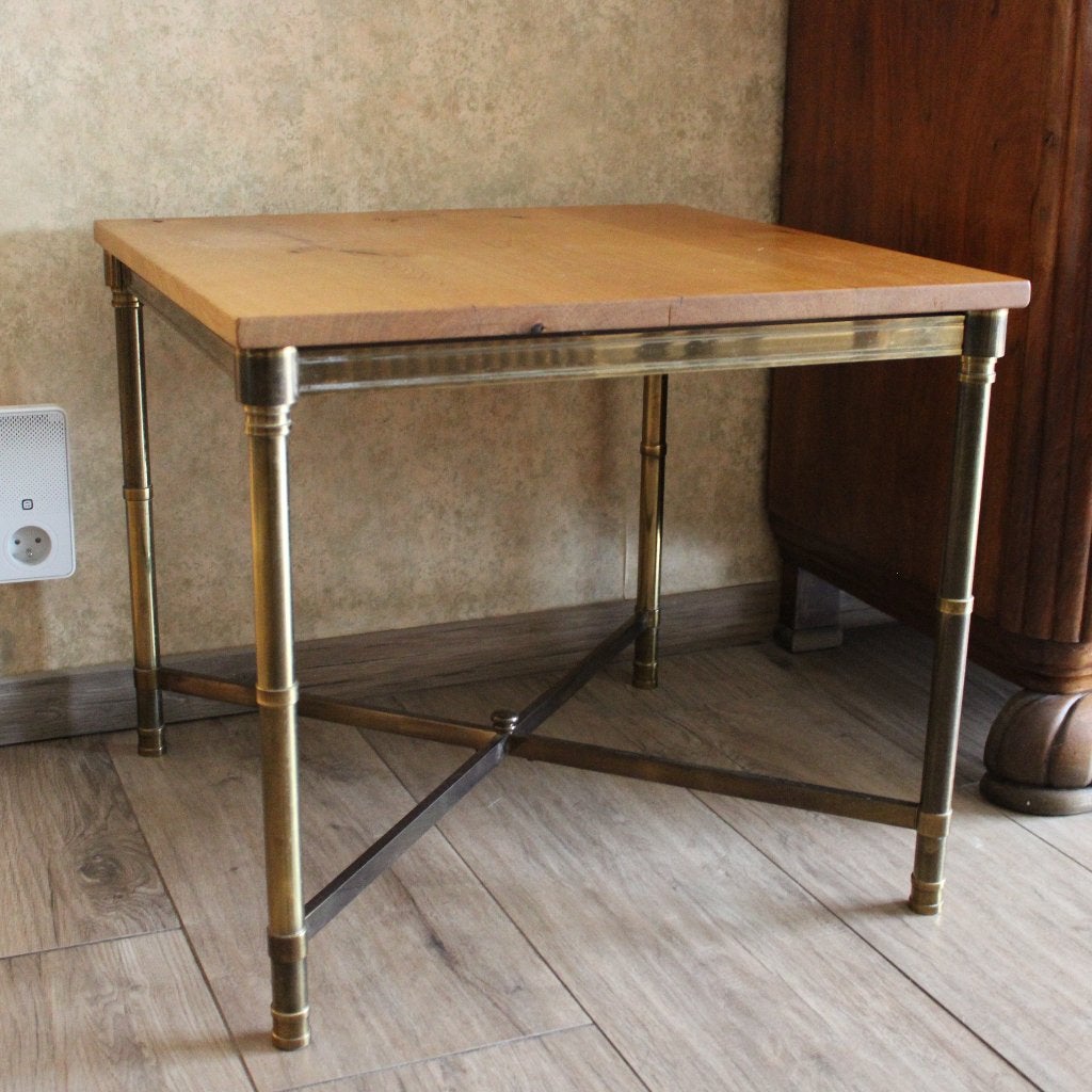 Vintage Bijzettafel Brass Faux Bamboo & Eiken Blad, Enlèvement ou Envoi