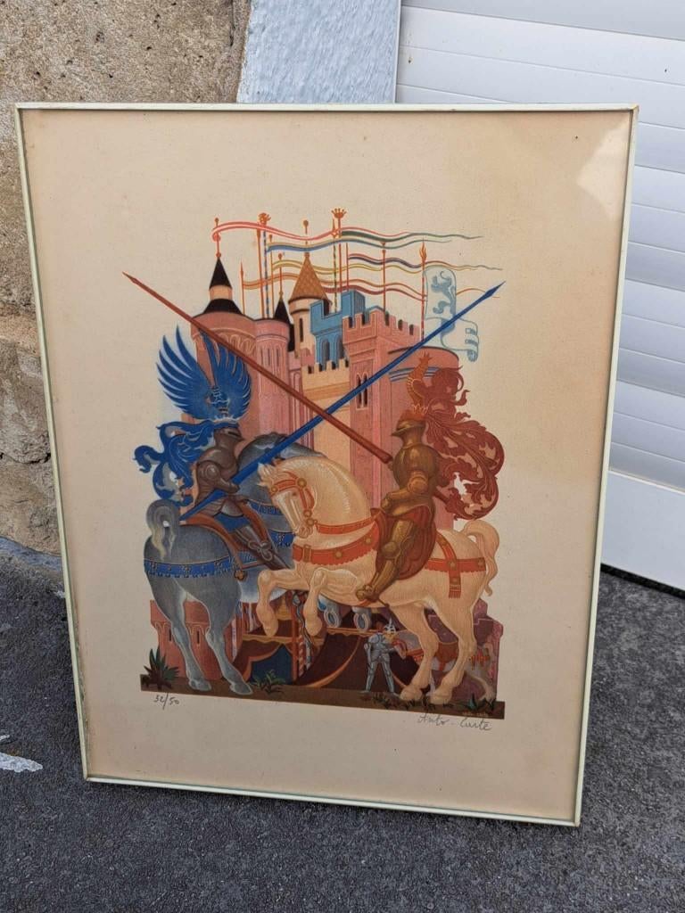 Lithographie moyen age signe Anto carte, Enlèvement ou Envoi