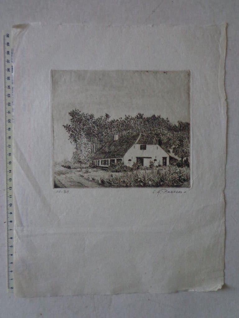 verfijnde ets Louis A. Peeters "Kempische hoeve met bomen", Antiek en Kunst, Ophalen of Verzenden, Gesigneerd, Landschap, 1950 - 1999