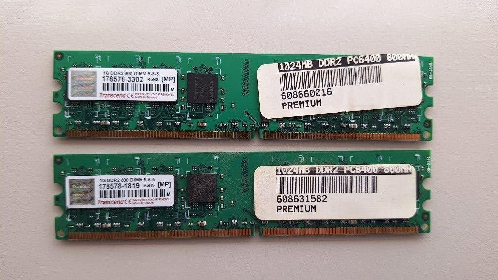2 Transcend 1GB DDR2-800 desktop RAM, Enlèvement ou Envoi, DDR2, Utilisé, Desktop