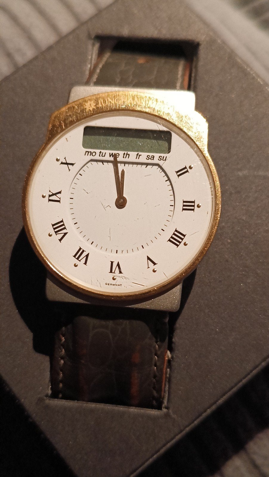 Prachtige junghans mega 1 mannen horloge made in Germany, Overige merken, Leer, Staal, Polshorloge