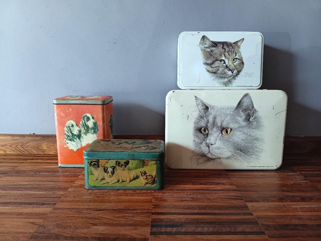 Set van 4 oude blikken "dogs & cats", Ophalen of Verzenden, Gebruikt, Overige, Overige merken