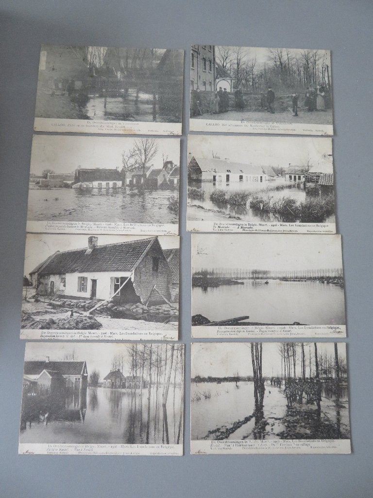 8 pk overstromingen in Vlaanderen 1906 Kallo Moerzeke Kastel, Ophalen of Verzenden, Voor 1920, Gelopen, Oost-Vlaanderen