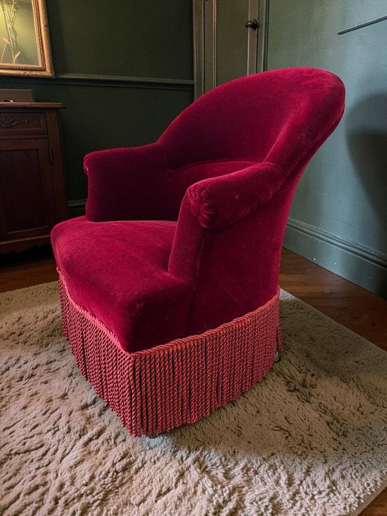 vintage wijnrode fauteuil / eenzit / zetel met franjes, Verzenden
