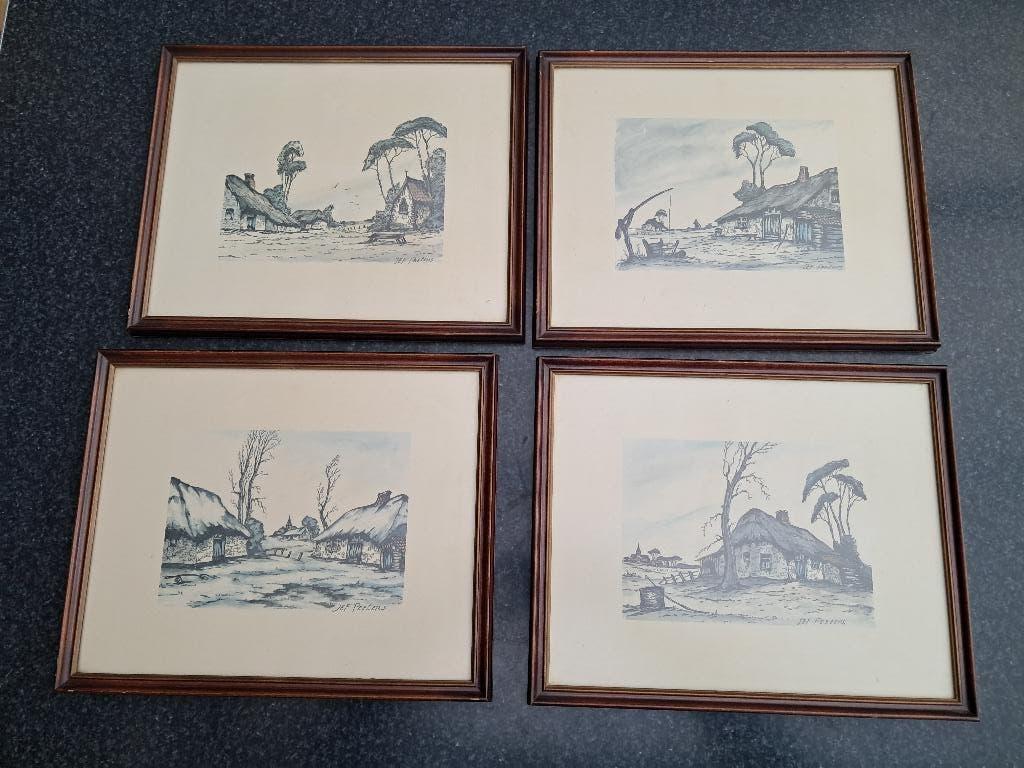aquarel- schilderijtjes, Jef Peeters, dorp boerderij kapel, Moins de 50 cm, Enlèvement ou Envoi, Utilisé, Peinture
