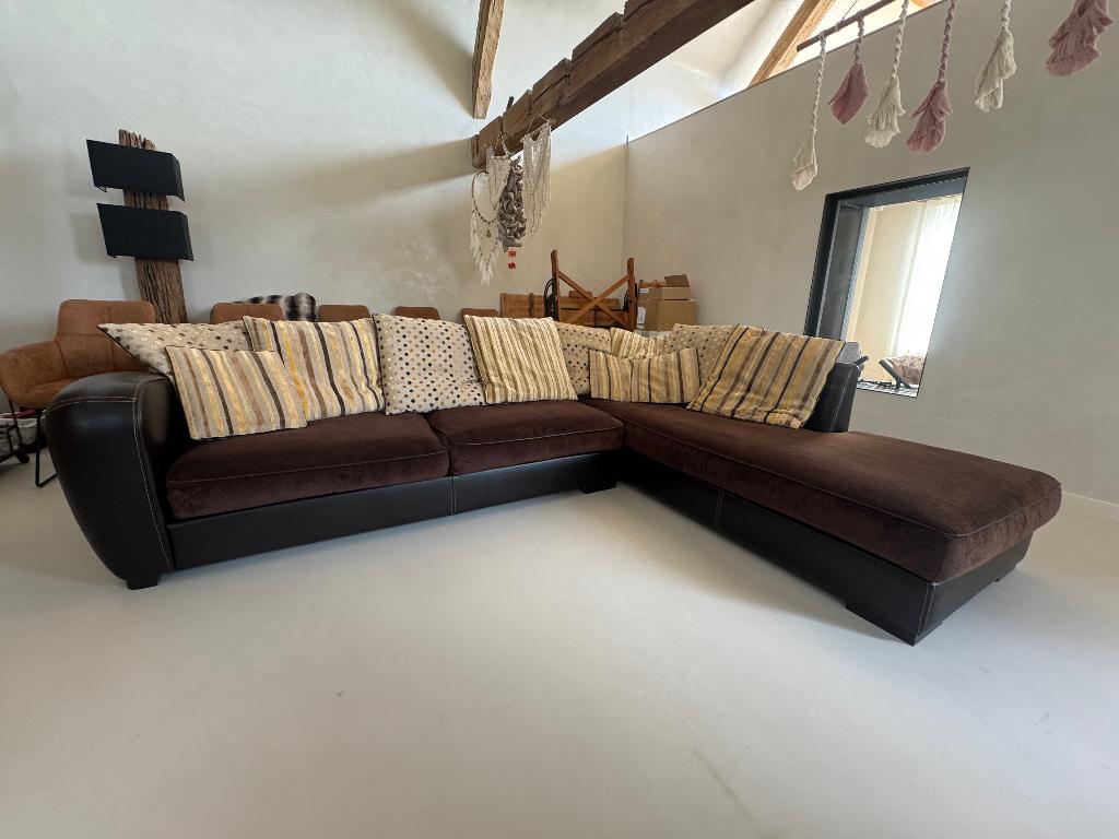 Hoeksalon (2-delig) in leder en stof met vele extra's, Huis en Inrichting, Ophalen, Zo goed als nieuw, Leer, Landelijk