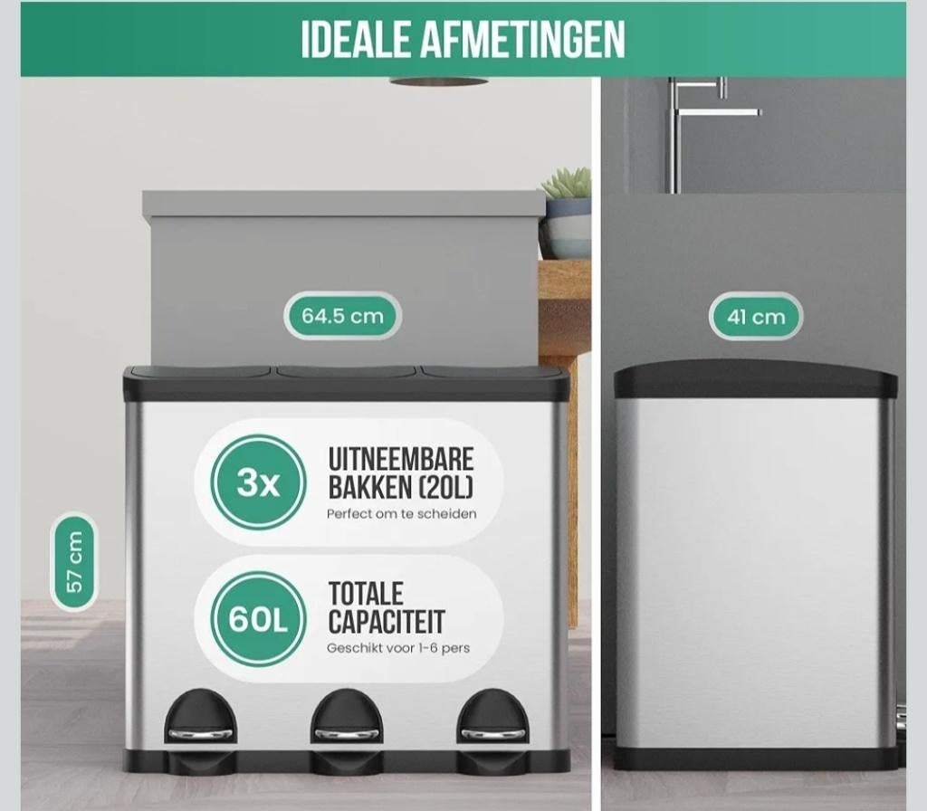 Poubelle AVALO 3 compartiments de 60L, Ophalen, Overige materialen, Met pedaal, 50 tot 75 cm