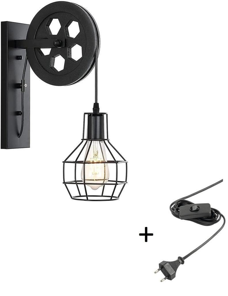 Wandlamp Zwart - Stekker & Schakelaar - Katrol lamp vintage, Ophalen of Verzenden, Nieuw, Wandlamp, Zwart