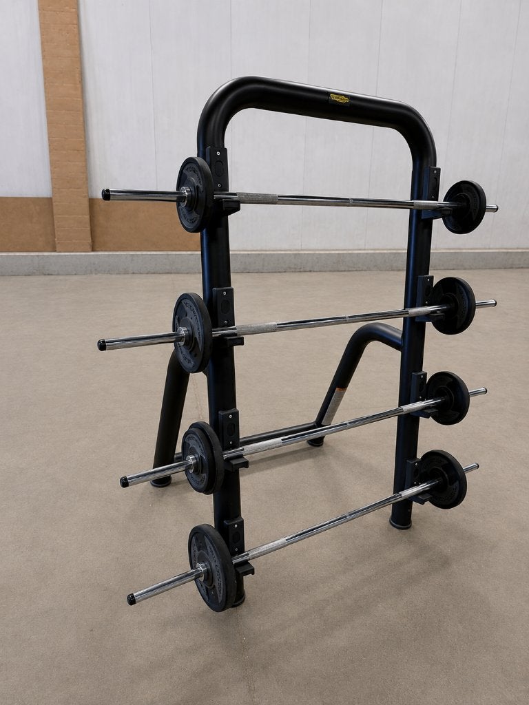 Support à haltères Technogym avec haltères olympiques, Enlèvement, Comme neuf, Bras, Barre d'haltères