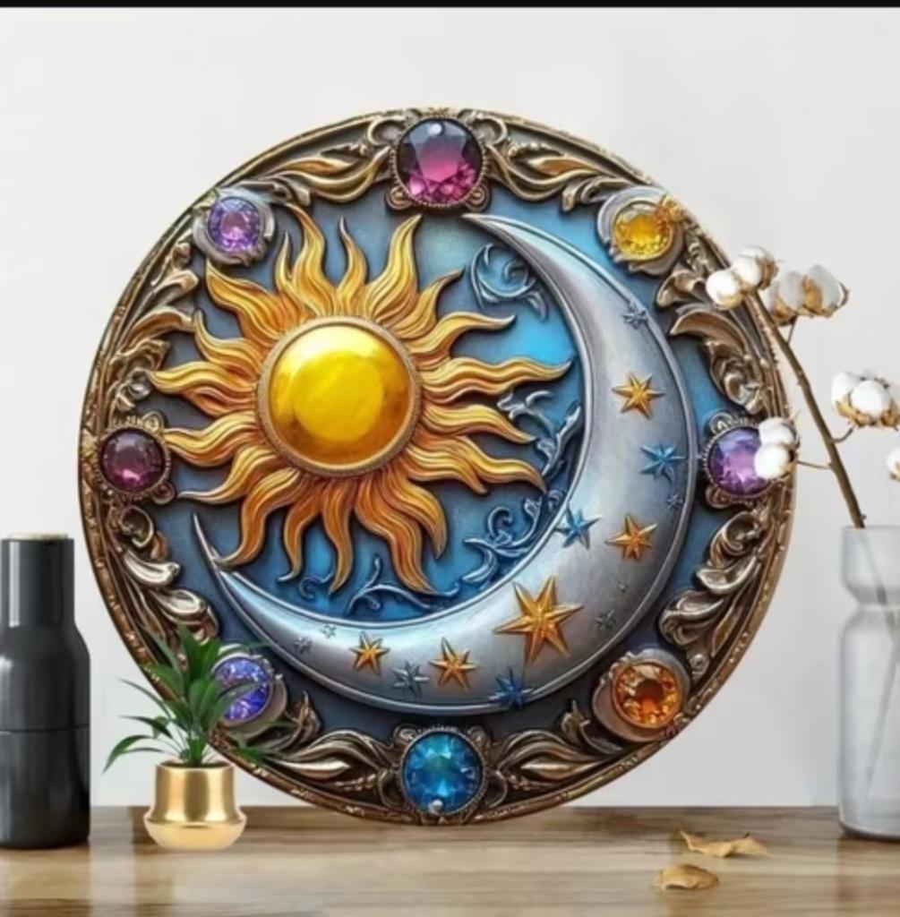 Vintage rond metalen bord Zon en maan kristallen (20cm), Ophalen of Verzenden, Nieuw