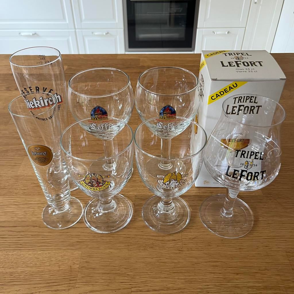 7 Verres à Bière Belges d’occasion : Leffe, Tripel Lefort,.., Enlèvement, Comme neuf, Verre ou Verres