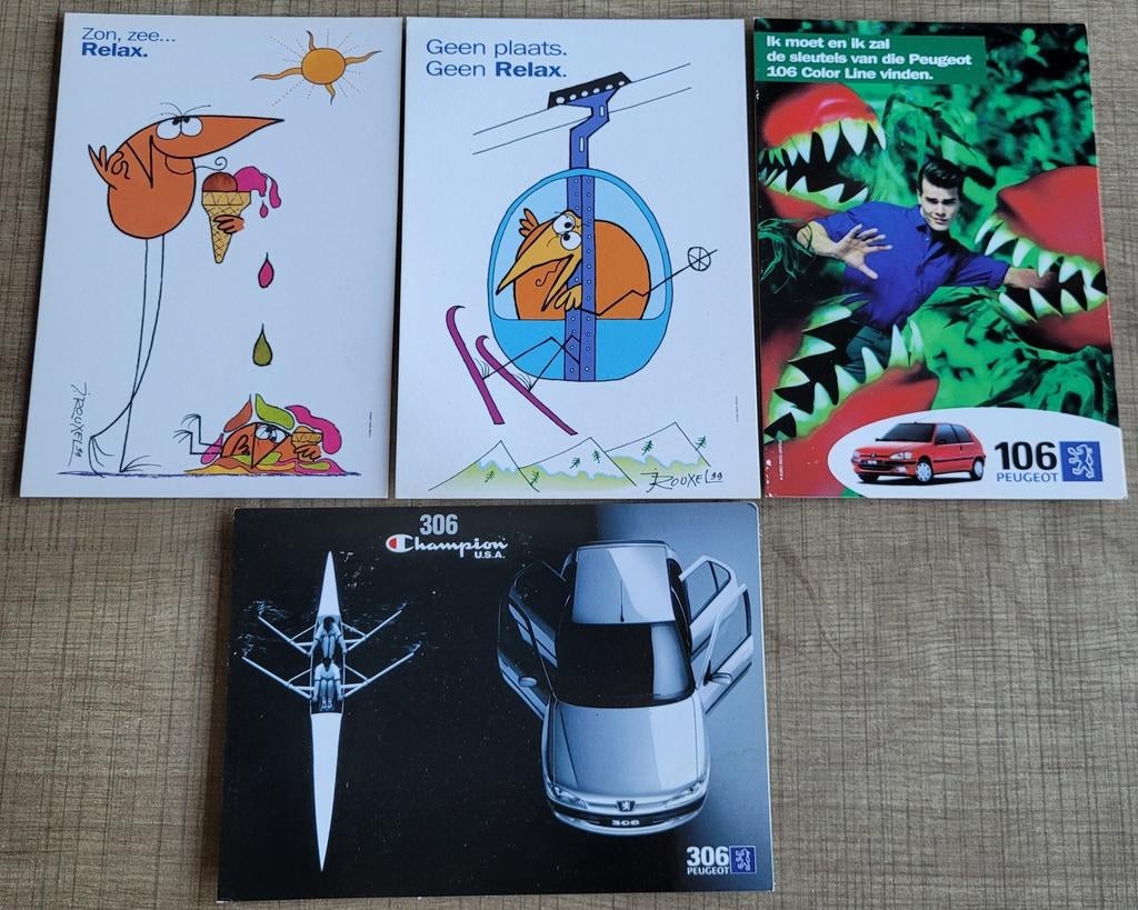 4 Reclamekaarten/ postkaarten: automerk Peugeot, Verzamelen, Postkaarten | Themakaarten, Ophalen of Verzenden, 1980 tot heden